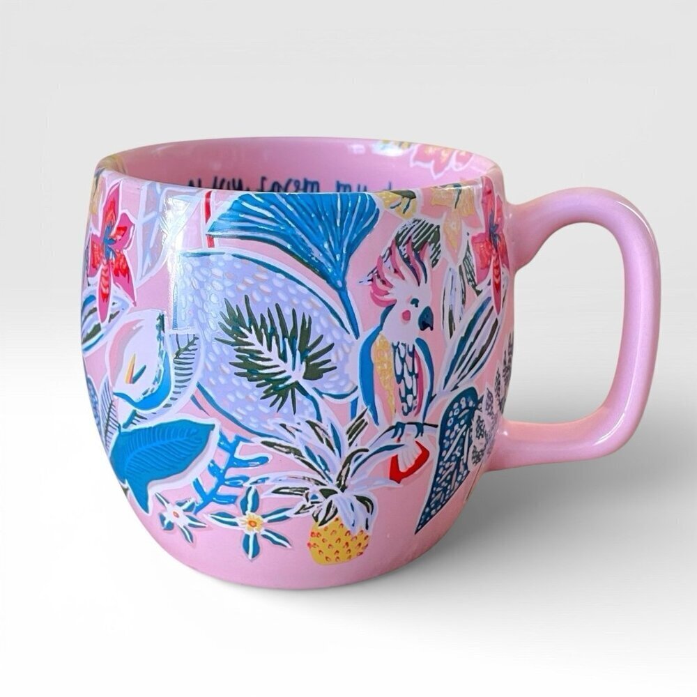Opal House Mug Pink Tropical Floral Birds Coffee Cup Away From My Desk 16 oz